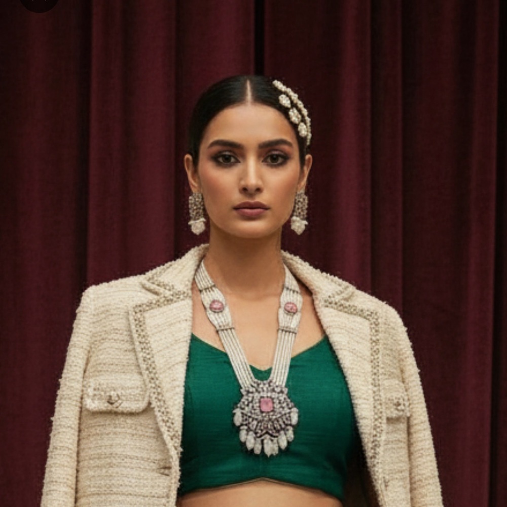 Statement Pearl Beaded Kundan Necklace & Earrings Set Pink Stone Bridal Jewelry